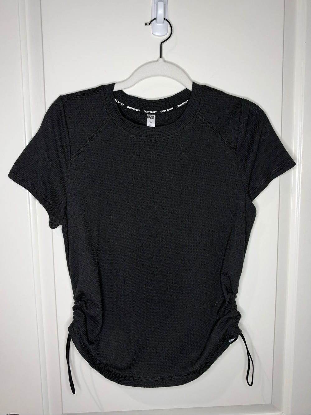 DKNY Sport Overtime Mesh Crew Neck Short Sleeve Bungee Ruched Tee, size small